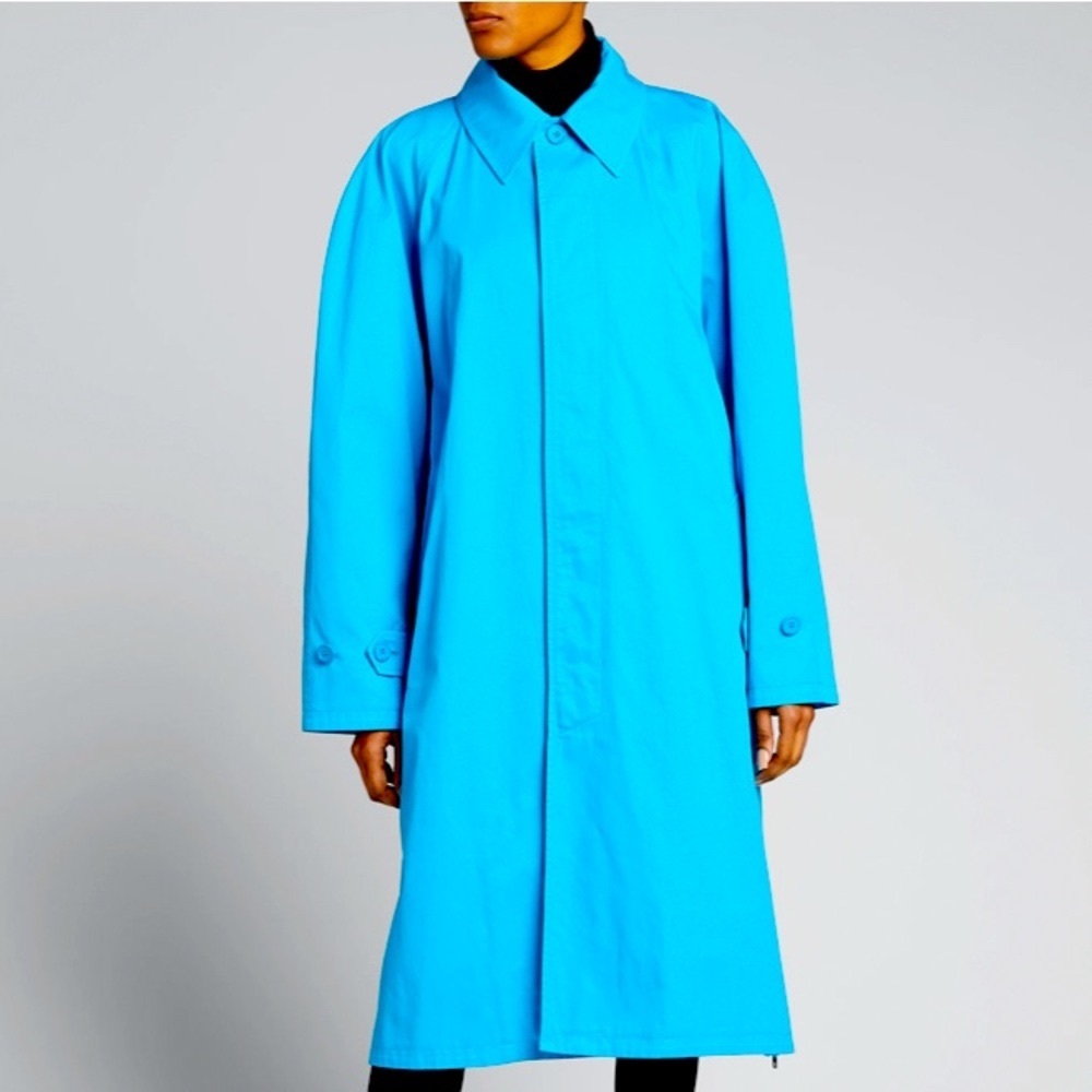 BALENCIAGA BLUE COTTON GABARDINE A-LINE TRENCH COAT W/BLACK ZIPPER ARM-HEMLINE 4